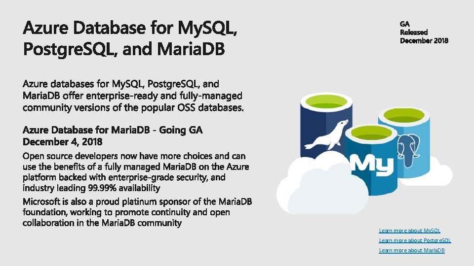 Learn more about My. SQL Learn more about Postgre. SQL Learn more about Maria.