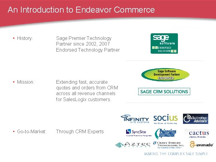 An Introduction to Endeavor Commerce • History: Sage Premier Technology Partner since 2002, 2007