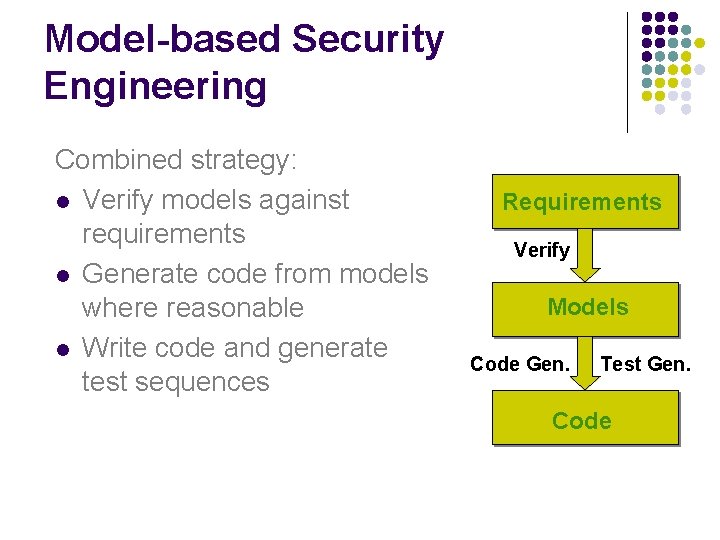 Model-based Security Engineering Combined strategy: l Verify models against requirements l Generate code from