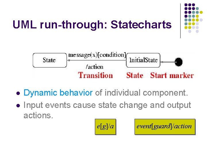 UML run-through: Statecharts l l Dynamic behavior of individual component. Input events cause state