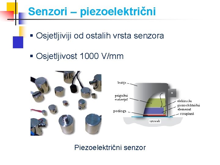 Senzori – piezoelektrični § Osjetljiviji od ostalih vrsta senzora § Osjetljivost 1000 V/mm Piezoelektrični