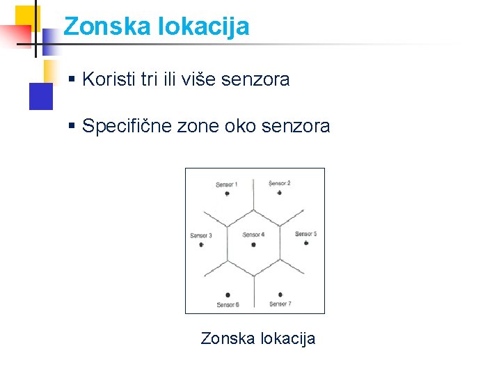 Zonska lokacija § Koristi tri ili više senzora § Specifične zone oko senzora Zonska