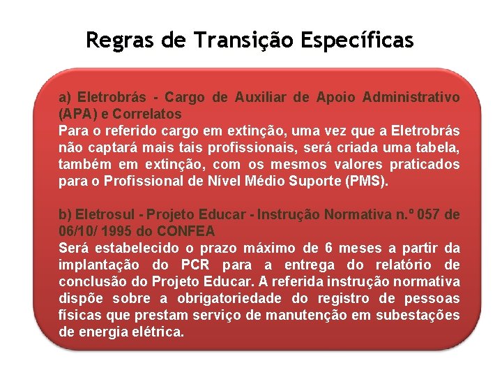 Regras de Transição Específicas a) Eletrobrás - Cargo de Auxiliar de Apoio Administrativo (APA)