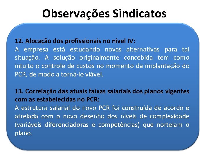 Observações Sindicatos 12. Alocação dos profissionais no nível IV: A empresa está estudando novas