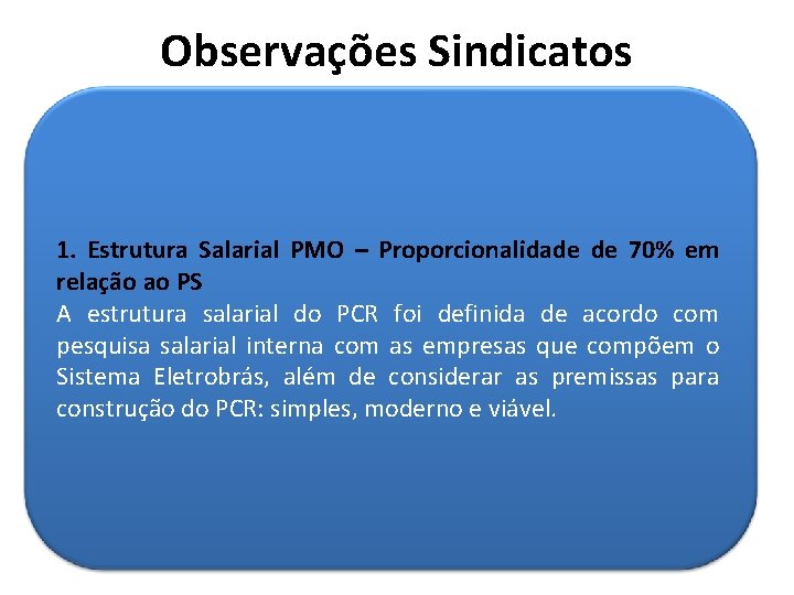 Observações Sindicatos 1. Estrutura Salarial PMO – Proporcionalidade de 70% em relação ao PS
