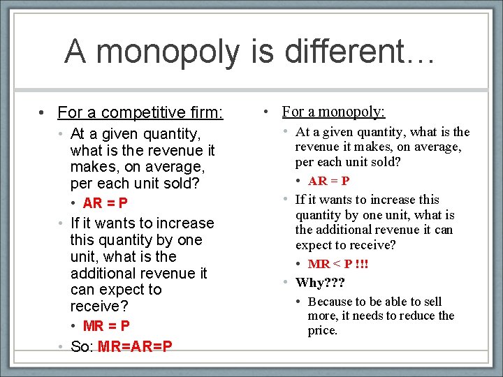 A monopoly is different… • For a competitive firm: • At a given quantity,