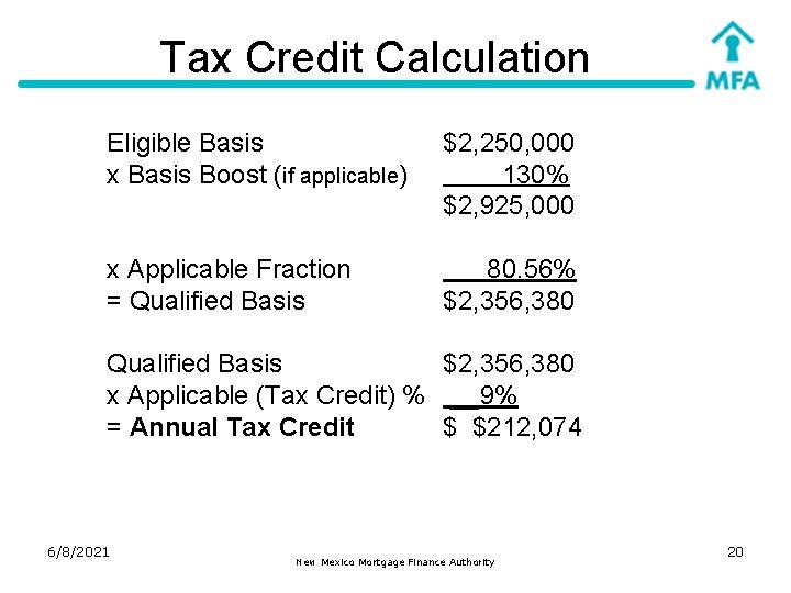 Tax Credit Calculation Eligible Basis x Basis Boost (if applicable) $2, 250, 000 130%