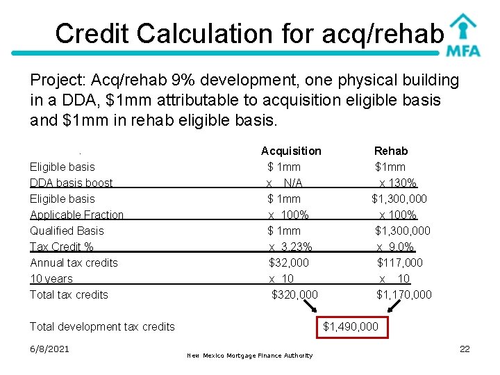 Credit Calculation for acq/rehab Project: Acq/rehab 9% development, one physical building in a DDA,