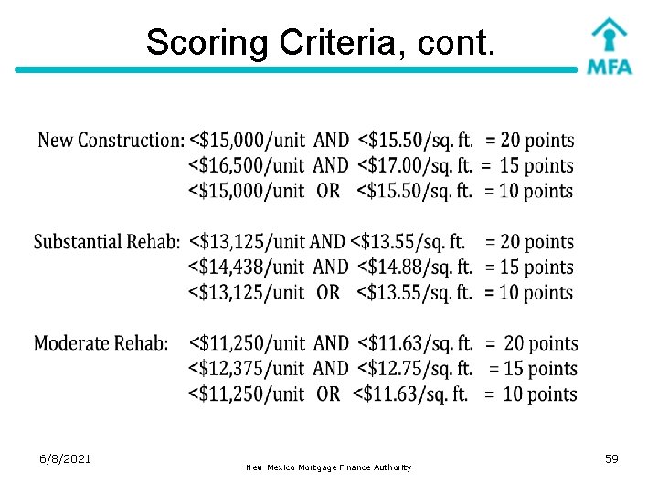 Scoring Criteria, cont. 6/8/2021 New Mexico Mortgage Finance Authority 59 