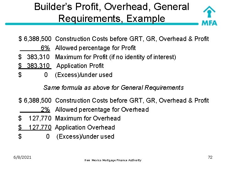 Builder’s Profit, Overhead, General Requirements, Example $ 6, 388, 500 6% $ 383, 310
