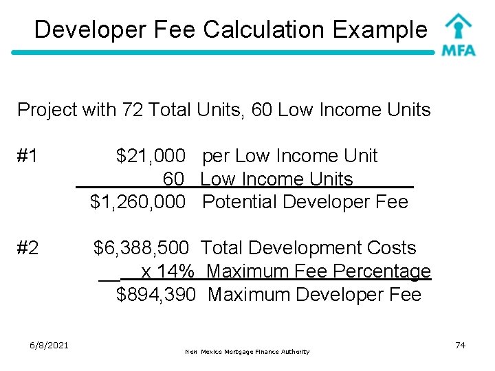 Developer Fee Calculation Example Project with 72 Total Units, 60 Low Income Units #1