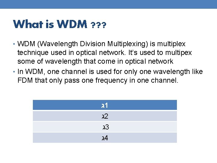 What is WDM ? ? ? • WDM (Wavelength Division Multiplexing) is multiplex technique