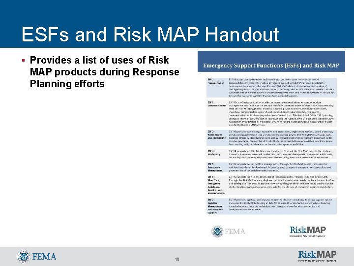 ESFs and Risk MAP Handout § Provides a list of uses of Risk MAP