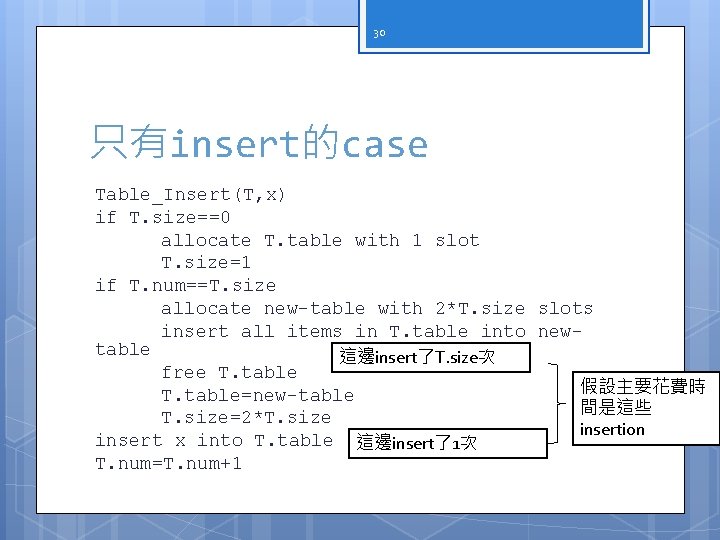30 只有insert的case Table_Insert(T, x) if T. size==0 allocate T. table with 1 slot T.