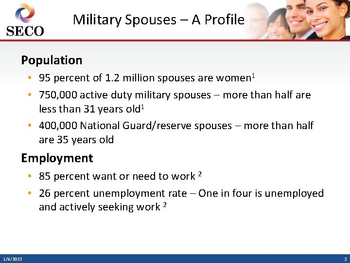 Military Spouses – A Profile Population • 95 percent of 1. 2 million spouses