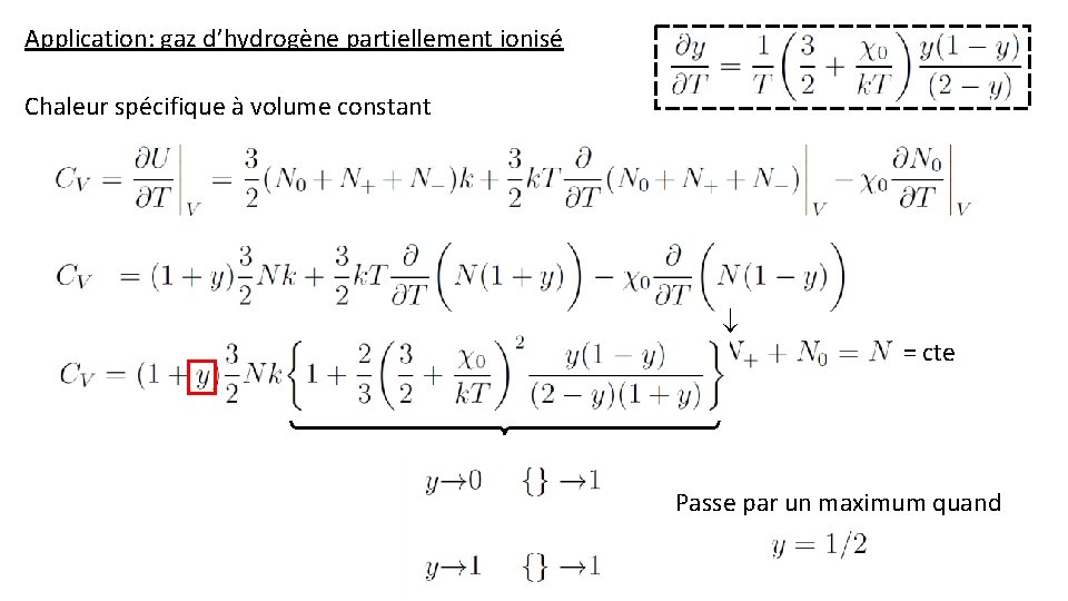 Application: gaz d’hydrogène partiellement ionisé Chaleur spécifique à volume constant = cte Passe par