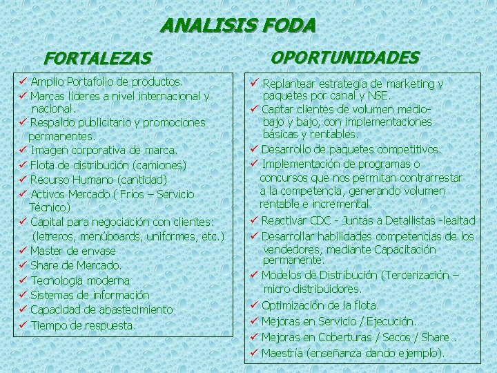 ANALISIS FODA FORTALEZAS ü Amplio Portafolio de productos. ü Marcas líderes a nivel internacional