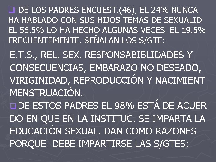 q DE LOS PADRES ENCUEST. (46), EL 24% NUNCA HA HABLADO CON SUS HIJOS