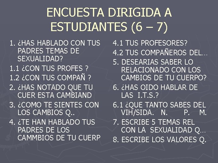 ENCUESTA DIRIGIDA A ESTUDIANTES (6 – 7) 1. ¿HAS HABLADO CON TUS PADRES TEMAS