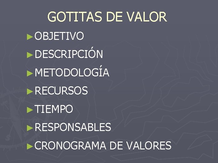 GOTITAS DE VALOR ►OBJETIVO ►DESCRIPCIÓN ►METODOLOGÍA ►RECURSOS ►TIEMPO ►RESPONSABLES ►CRONOGRAMA DE VALORES 