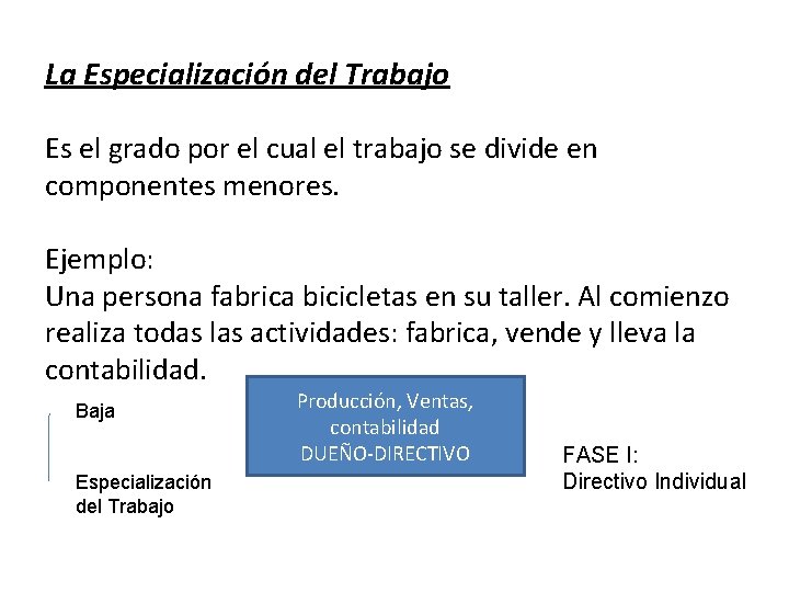 La Especialización del Trabajo Es el grado por el cual el trabajo se divide