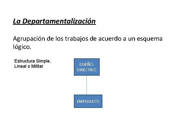 La Departamentalización Agrupación de los trabajos de acuerdo a un esquema lógico. Estructura Simple,