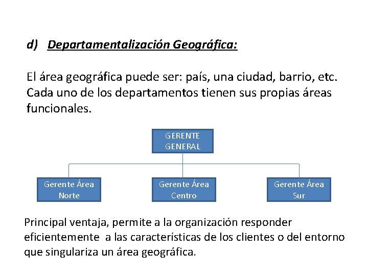 d) Departamentalización Geográfica: El área geográfica puede ser: país, una ciudad, barrio, etc. Cada