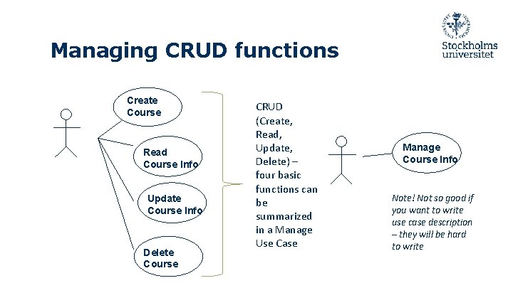 Managing CRUD functions Create Course Read Course Info Update Course Info Delete Course CRUD