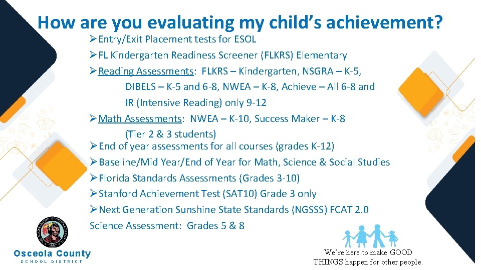 How are you evaluating my child’s achievement? ØEntry/Exit Placement tests for ESOL ØFL Kindergarten