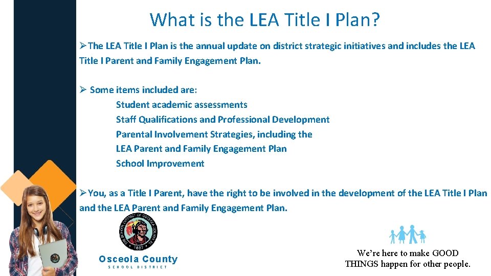 What is the LEA Title I Plan? ØThe LEA Title I Plan is the