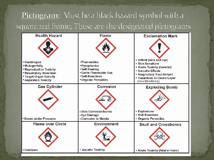 Pictogram: Must be a black hazard symbol with a square red frame. These are