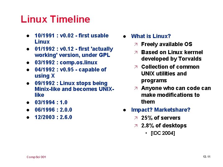 Linux Timeline l l l l 10/1991 : v 0. 02 - first usable