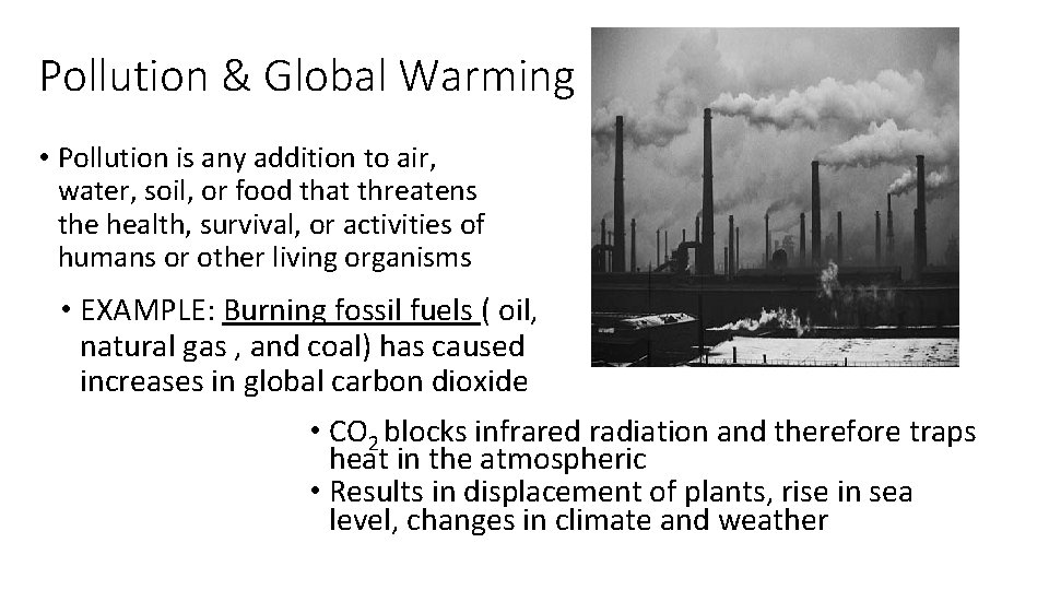 Pollution & Global Warming • Pollution is any addition to air, water, soil, or