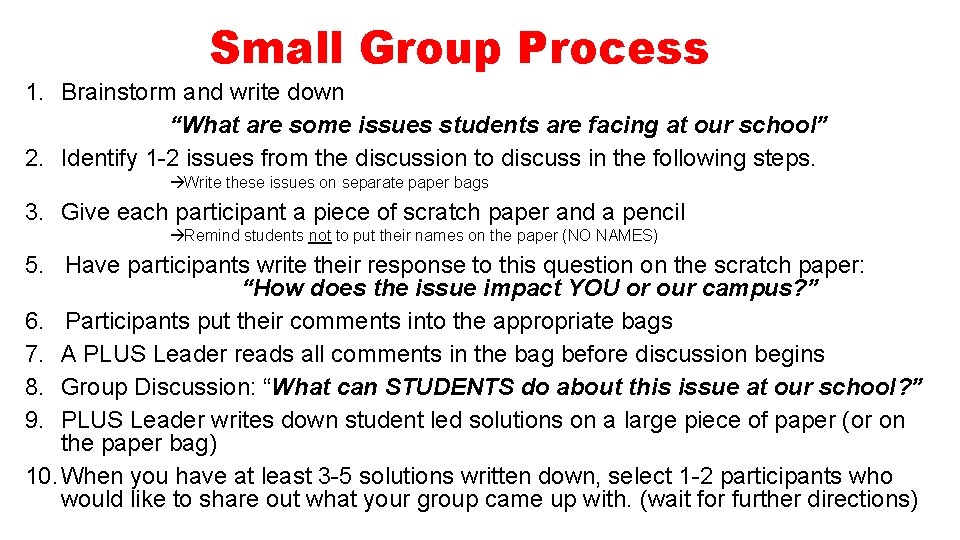 Small Group Process 1. Brainstorm and write down “What are some issues students are