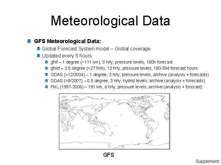 Meteorological Data GFS Meteorological Data: Global Forecast System model – Global coverage Updated every