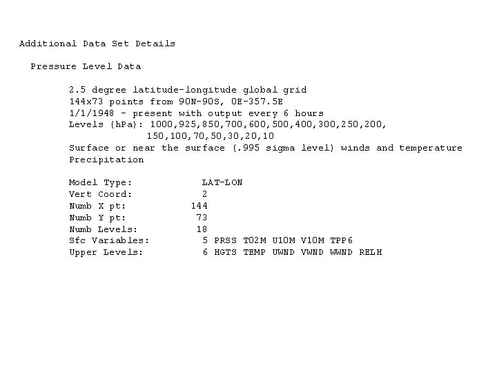 Additional Data Set Details Pressure Level Data 2. 5 degree latitude-longitude global grid 144