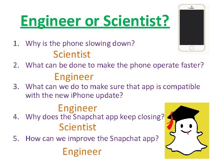 Engineer or Scientist? 1. Why is the phone slowing down? Scientist 2. What can