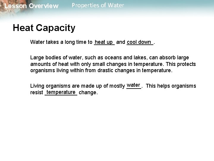 Lesson Overview Properties of Water Heat Capacity Water takes a long time to _______