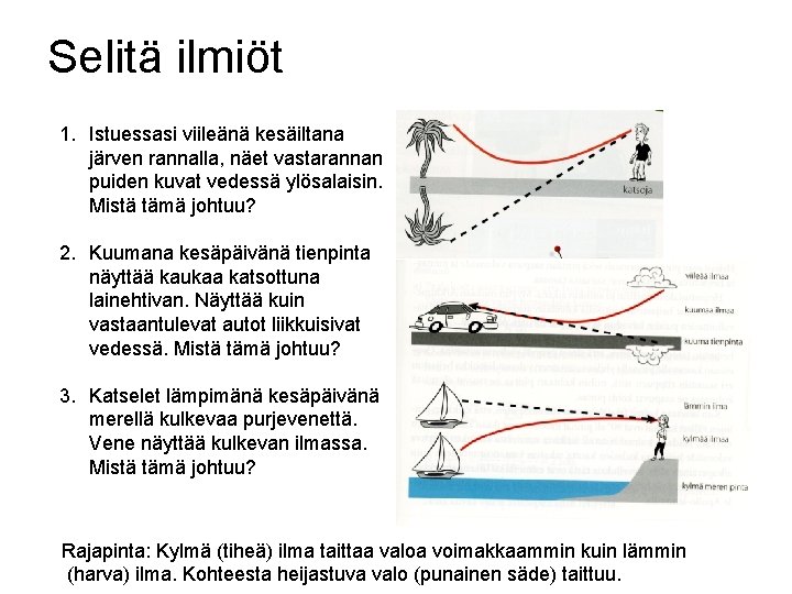 Selitä ilmiöt 1. Istuessasi viileänä kesäiltana järven rannalla, näet vastarannan puiden kuvat vedessä ylösalaisin.