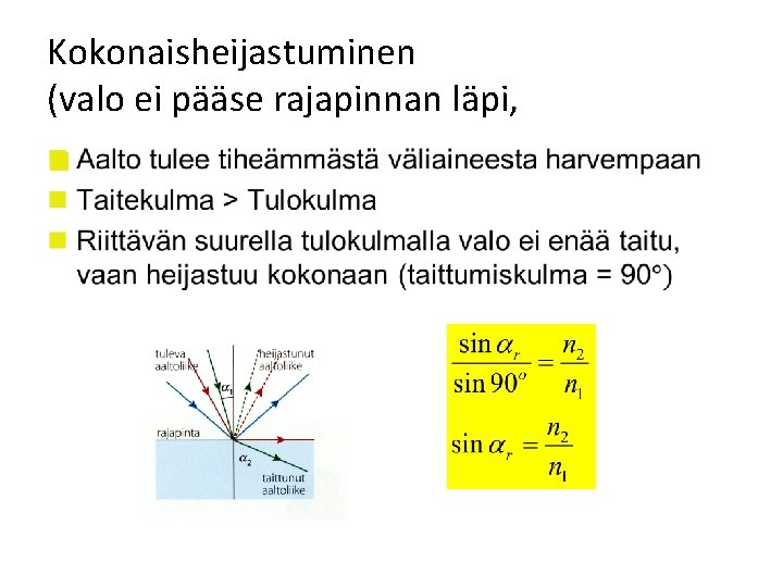 Kokonaisheijastuminen (valo ei pääse rajapinnan läpi, n 