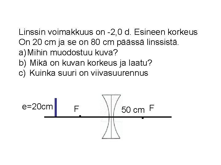 Linssin voimakkuus on -2, 0 d. Esineen korkeus On 20 cm ja se on