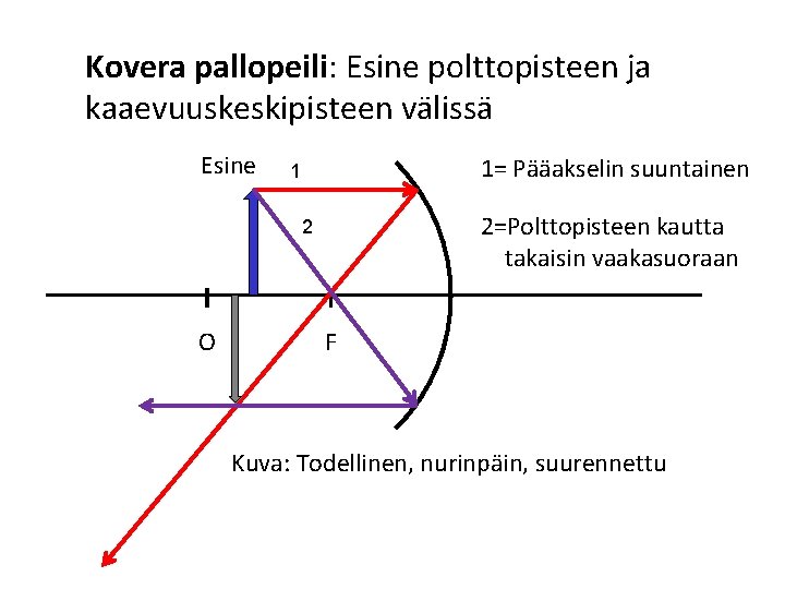 Kovera pallopeili: Esine polttopisteen ja kaaevuuskeskipisteen välissä Esine 1= Pääakselin suuntainen 1 2=Polttopisteen kautta