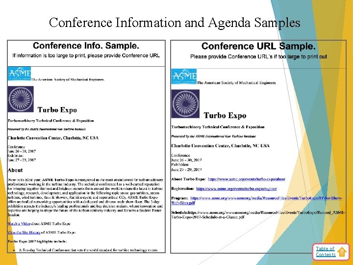 Conference Information and Agenda Samples Table of Contents 