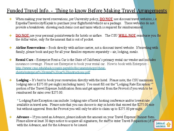 Funded Travel Info. - Thing to know Before Making Travel Arrangements v When making