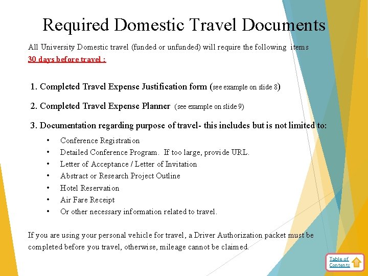 Required Domestic Travel Documents All University Domestic travel (funded or unfunded) will require the