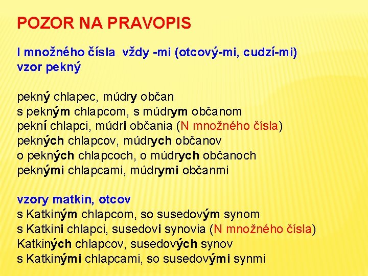 POZOR NA PRAVOPIS I množného čísla vždy -mi (otcový-mi, cudzí-mi) vzor pekný chlapec, múdry