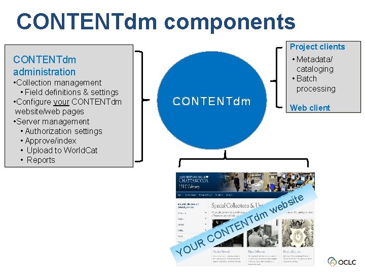 CONTENTdm components Project clients CONTENTdm administration • Collection management • Field definitions & settings CONTENTdm components Project clients CONTENTdm administration • Collection management • Field definitions & settings
