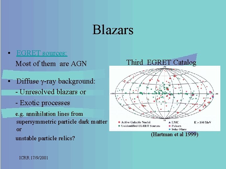 Blazars • EGRET sources: Most of them are AGN Third EGRET Catalog • Diffuse