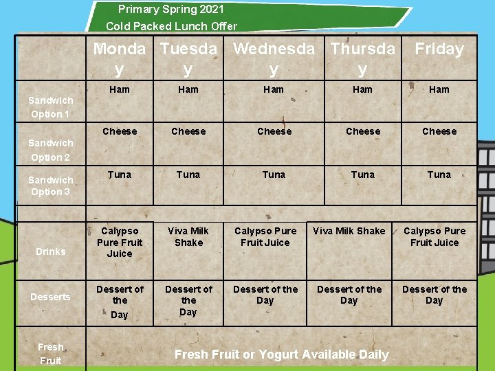 Primary Spring 2021 Cold Packed Lunch Offer Monda Tuesda Wednesda Thursda y y Friday