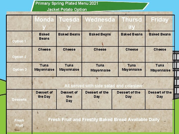 Primary Spring Plated Menu 2021 Jacket Potato Option Monda Tuesda Wednesda y y y